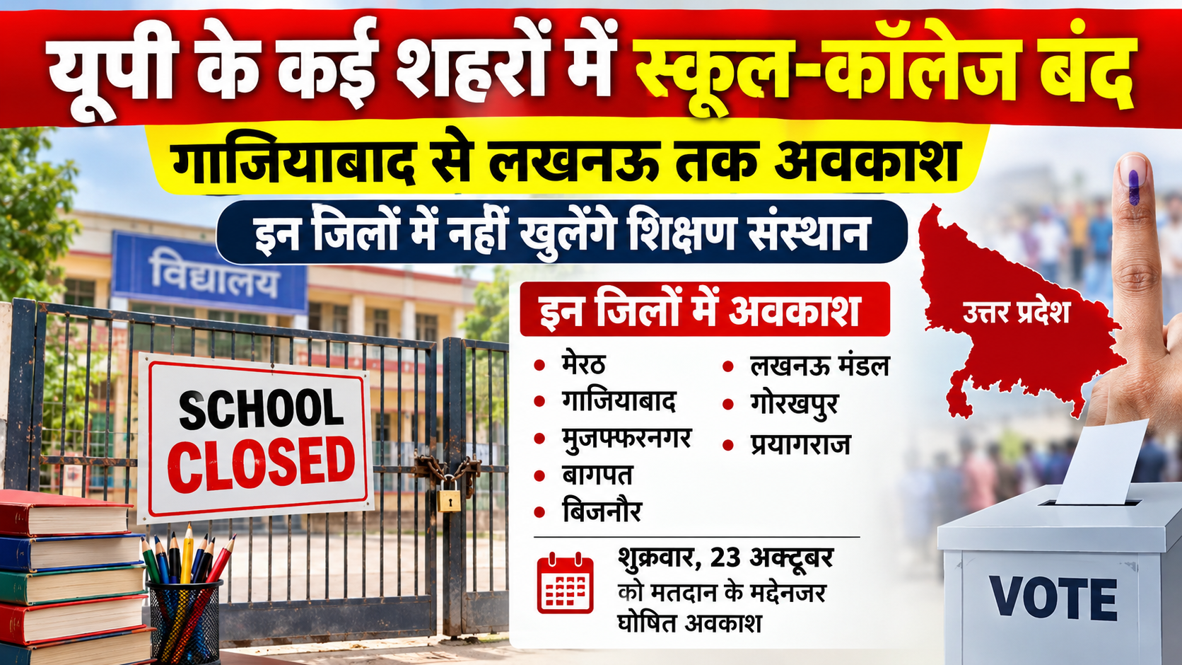 Home 2 UP School Holiday: Schools and colleges closed in several cities across UP; holidays announced from Ghaziabad to Lucknow—find out which districts will have their educational institutions remain closed.